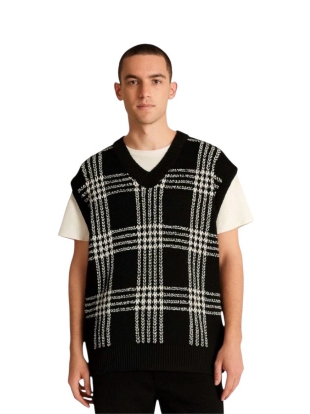 NWT Abercrombie & Fitch Plaid Sweater Vest | XXL | Black + White